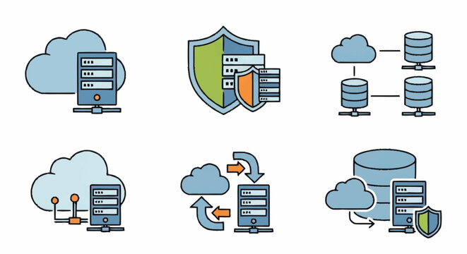 Cloud computing and data storage icons.