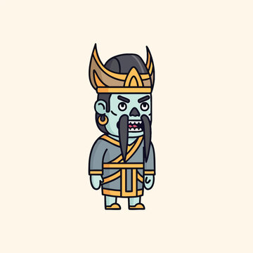 A cartoonish creature is depicted, standing upright with a stern expression. It has a blue face, long black mustache, an elaborate headpiece and outfit