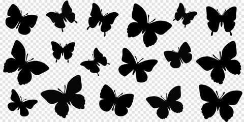 A collection of black silhouette butterflies arranged on a transparent background © KrishnaPada
