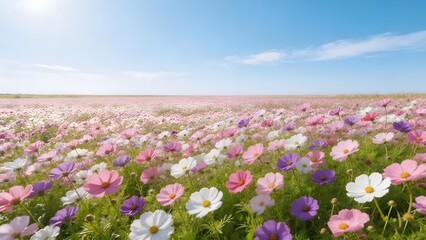 Fototapeta premium Beautiful Cosmos Flower Field in Full Bloom, Colorful Wildflower Meadow Landscape, Scenic Nature Background with Pink and White Blossoms in Tropical Countryside