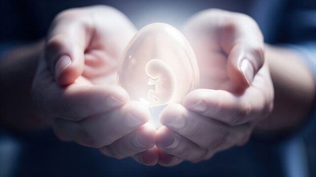 Hands holding a glowing artificial womb with a human fetus for ectogenesis and fertility research