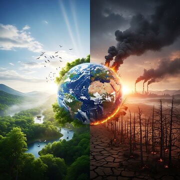 Climate Change Split Earth &ndash; Lush Green Nature vs Drought, Fire and Industrial Pollution, Global Warming Environmental Crisis Concept