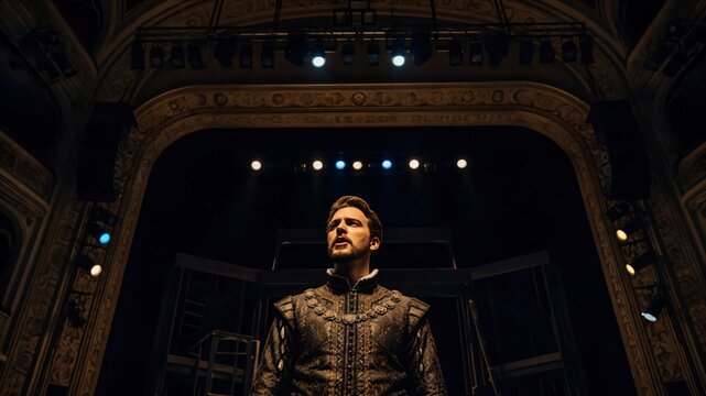 Caucasian Male Actor in Historical Costume Performing Shakespearean Monologue on Theater Stage
