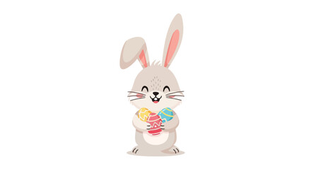 Fototapeta premium Joyful cartoon Easter bunny celebrating the spring season, happily holding a colorful collection of decorated eggs, an adorable illustration for festive designs