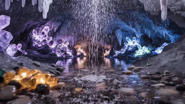 Enchanting Crystal Cave with Gemstones - A stunning view of an illuminated cave featuring majestic stalactites hanging from the ceiling and vibrant crystals in hues of purple, blue, and amber nestled