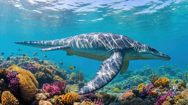 Prehistoric Pliosaur Marine Reptile Swimming Over Vibrant Coral Reef Paleoart Illustration
