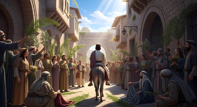 Busy street scene in an ancient Middle Eastern city with people walking among palm trees and stone buildings.