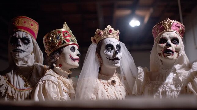 Four ladies with makeup for Halloween as if they have their mouths sewn up