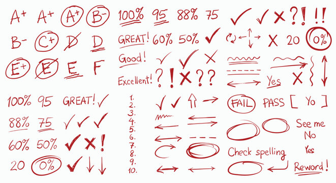 Hand drawn grading marks, check marks and feedback symbols in red ink