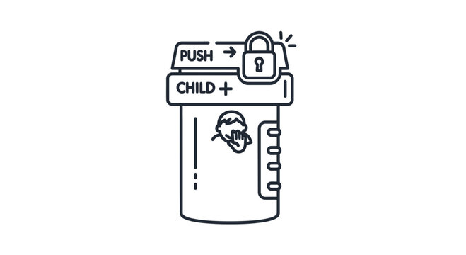 Child Proof Medicine Bottle with Lock Icon and Warning Symbol