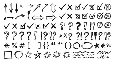 Hand drawn arrows, check marks and punctuation symbols doodle set © Shuvojit11
