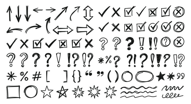 Hand drawn arrows, check marks and punctuation symbols doodle set