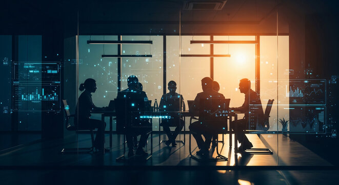 Silhouettes of business people in a modern meeting room with digital overlay and glowing particles, discussing strategy.