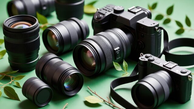 Mirrorless cameras and multiple lenses arranged on green surface