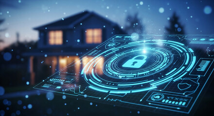 Fototapeta premium Holographic smart home security interface with a padlock icon in front of a modern house at dusk.