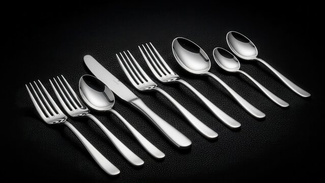 Elegant Silver Cutlery Set Displayed on Black Surface