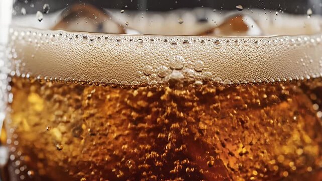 Refreshing Cola Bubbles - A close-up shot reveals the effervescence of a cola beverage, showcasing a layer of tightly packed bubbles and droplets clinging to the glass.