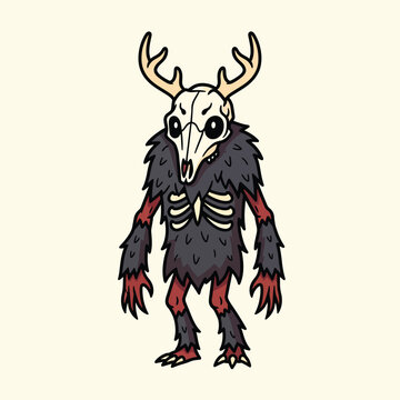A cartoonish woodland creature, bipedal with a skull head and antlers. Fur and skeleton elements mix, rendered with bold black outlines