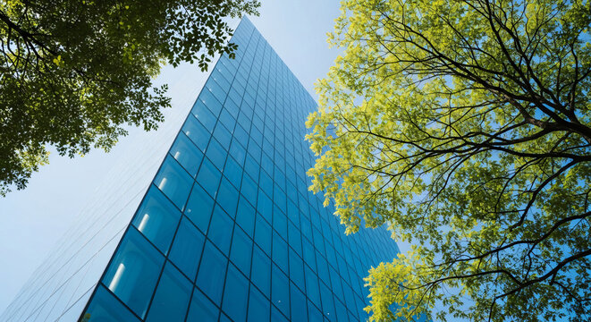 A modern glass skyscraper is surrounded by lush green trees under a clear blue sky.