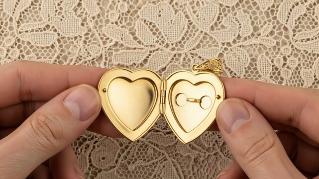 Hands holding open Victorian style gold heart locket over antique lace for memorial keepsake