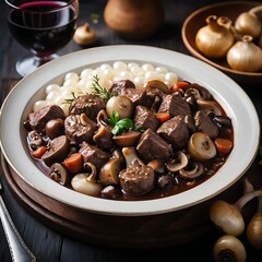 Fototapeta premium a bowl of Beef Bourguignon, showing tender beef chunks, pearl onions, mushrooms, and a deep red wine sauce. Background is a dark, moody wooden bistro table. no blur, sharp focus, 1:1 ratio