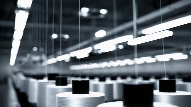 White thread spools are manufacturing in a modern textile factory with automated machinery, highlighting industrial production processes and fiber technology