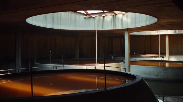 Large concrete fermentation tanks filling an industrial winery interior, showcasing brutalist architecture and the robust process of wine production with ample liquid surface