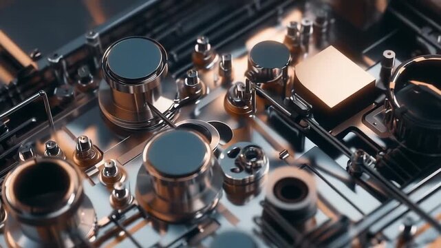 Advanced metallic components and precision engineered parts forming a detailed, intricate mechanical structure, highlighting complexity and futuristic technological integration