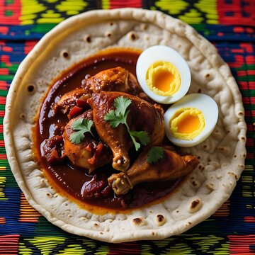 Doro Wat (spicy chicken stew) served on a piece of Injera flatbread, featuring a whole boiled egg and dark red berbere sauce. Background is a colorful African basket weave.  no blur, sharp f