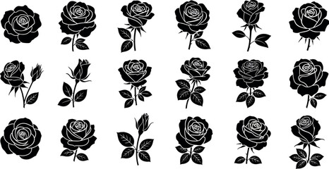 Obraz premium Collection of black rose silhouettes with white outlines on white flower
