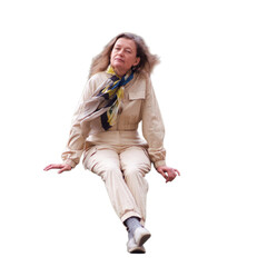 Mature woman sitting on a transparent background. Elegant lady in casual fashion clothes posing...