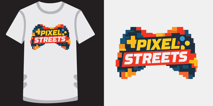 Creative pixel art design of a stylized video game controller with vibrant text on a white tshirt mockup