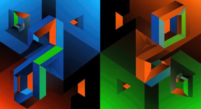 Complex abstract geometric design featuring impossible spatial arrangements and shifting planes, creating a powerful optical illusion and infinite depth, design, perspective, geometry