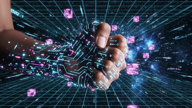 Futuristic Digital Fist Bump - A close-up of two hands in a fist bump, overlaid with glowing blue and pink circuit-like patterns, representing digital integration.