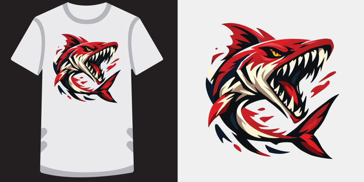 Fierce and dynamic red shark illustration with sharp teeth and aggressive expression on a white tshirt design perfect for graphic resources and apparel printing
