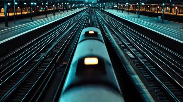 Railway tracks and platforms are illuminated at a large train station, creating a sense of journey, connection, and solitude in the urban landscape after dark