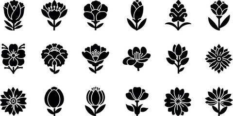 Fototapeta premium Collection of fifteen black stylized flower on white background silhouette floral