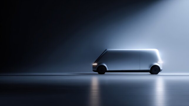 Futuristic silver delivery van concept vehicle, autonomous logistics transportation technology, clean studio lighting