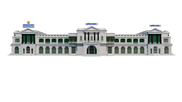High-quality 3D transparent architectural render of the Tamil Nadu Secretariat building featuring classical colonial design elements, symmetrical structure, white fa&ccedil;ade, green window accents,