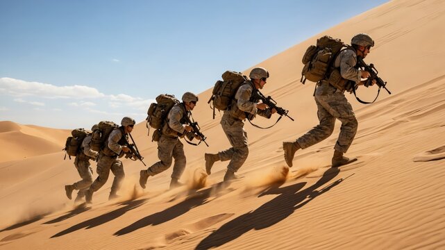 Five male soldiers in camouflage gear running up a steep sand dune during tactical desert endurance training