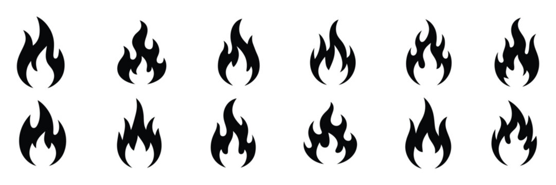 Collection of black flame icons on white background for design and decoration purposes