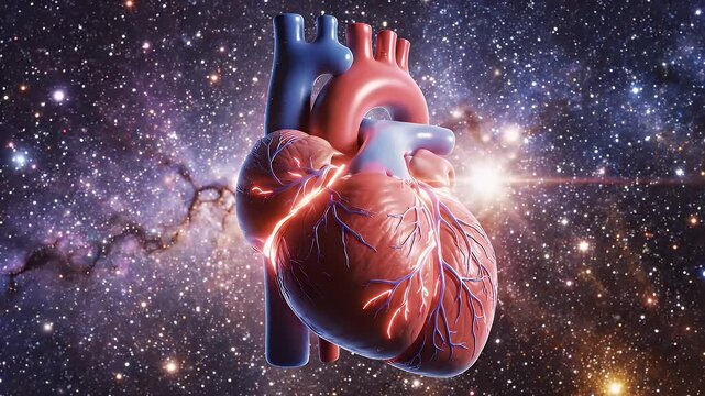 Human Heart in Space - A detailed, artistic video of a human heart is set against the backdrop of a star-filled galaxy.