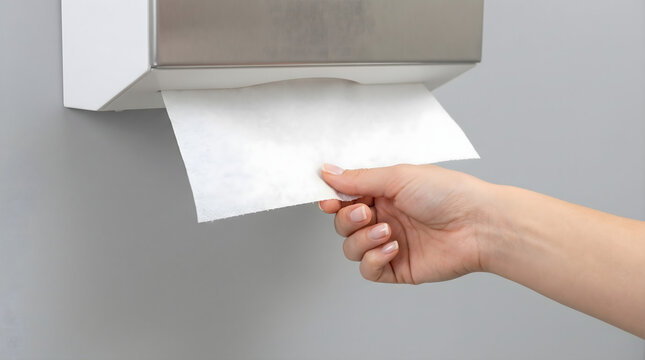 Hand pulling disposable paper towel from modern wall dispenser on grey background