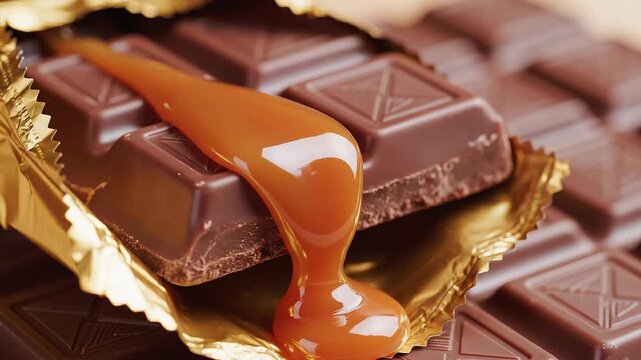 Macro shot of thick caramel sauce flowing over a dark chocolate bar
