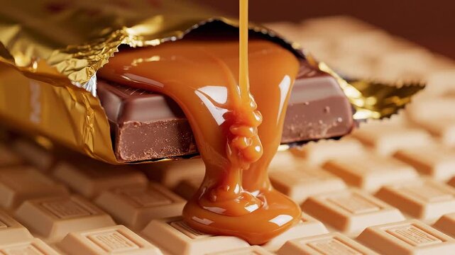 Thick liquid caramel dripping onto a chocolate bar over white background