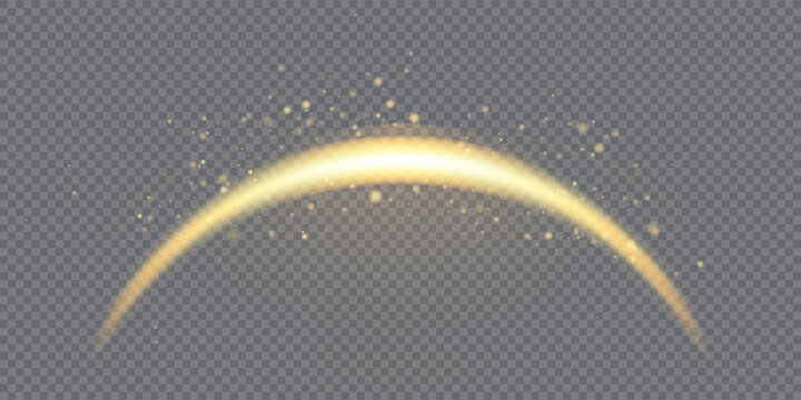Golden arc of sun emerging from an eclipse or shadow with sparkling glitter. Glowing light on a transparent bg. Vector illustration with gradient mesh and overlay effects
