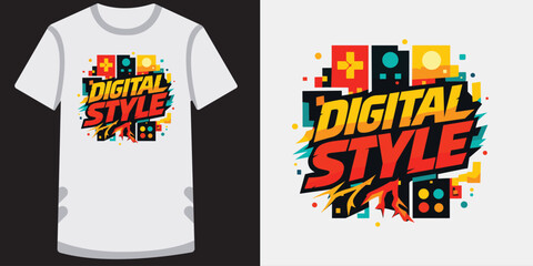 Modern vibrant tshirt design showcasing bold digital style typography with colorful geometric elements and abstract shapes perfect for tech lovers © jubayer95
