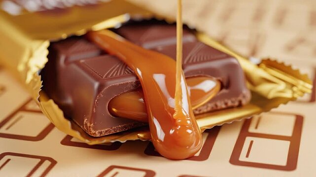 Caramel syrup being drizzled over a chocolate bar on a patterned surface