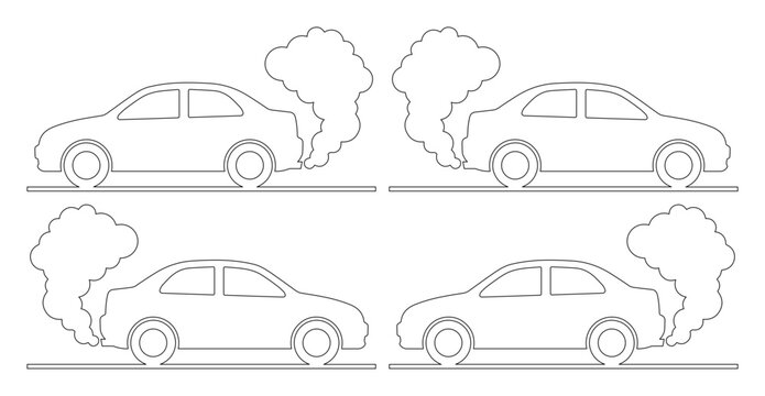 Iconos lineales de coches emitiendo humo contaminante, conjunto de 4 veh&iacute;culos con gases de escape, ilustraci&oacute;n vectorial de contaminaci&oacute;n ambiental