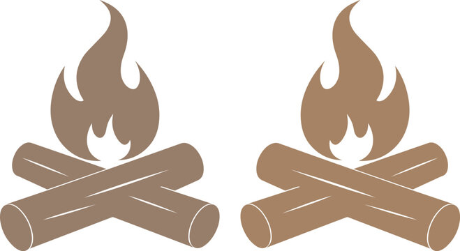 Fogata r&uacute;stica con troncos de madera, iconos de fuego estilo minimalista, ilustraci&oacute;n vectorial de hoguera para camping y aventura